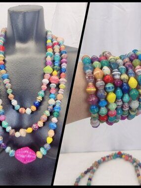 NWT Noonday Collection Hand Rolld Paper Bead Necklace & Coil Bracelet Set Uganda